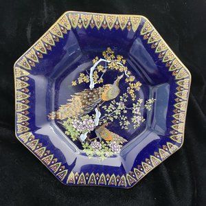 BEAUTIFUL IMPERIAL BLUE OCTAGONAL JAPANESE DECORATIVE PLATE-2 PEACOCKS